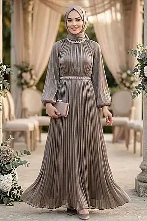 Stone Collar Belt-Detail Mink Modest Evening Dress 5719V 
