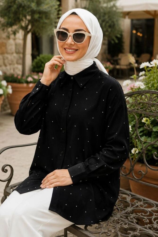 Stone-Detail Black Strawberry-texture fabric Modest Shirt 10861S - 1
