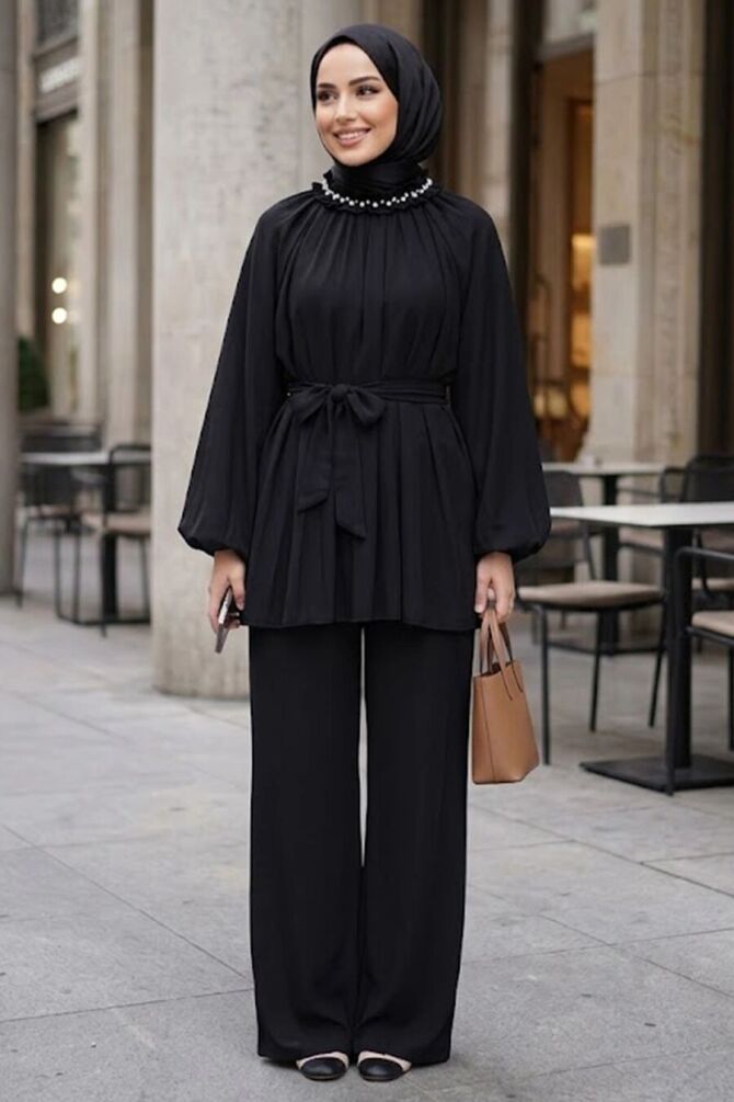 Stone-Detail Collar Black Modest Set 26145S - 1