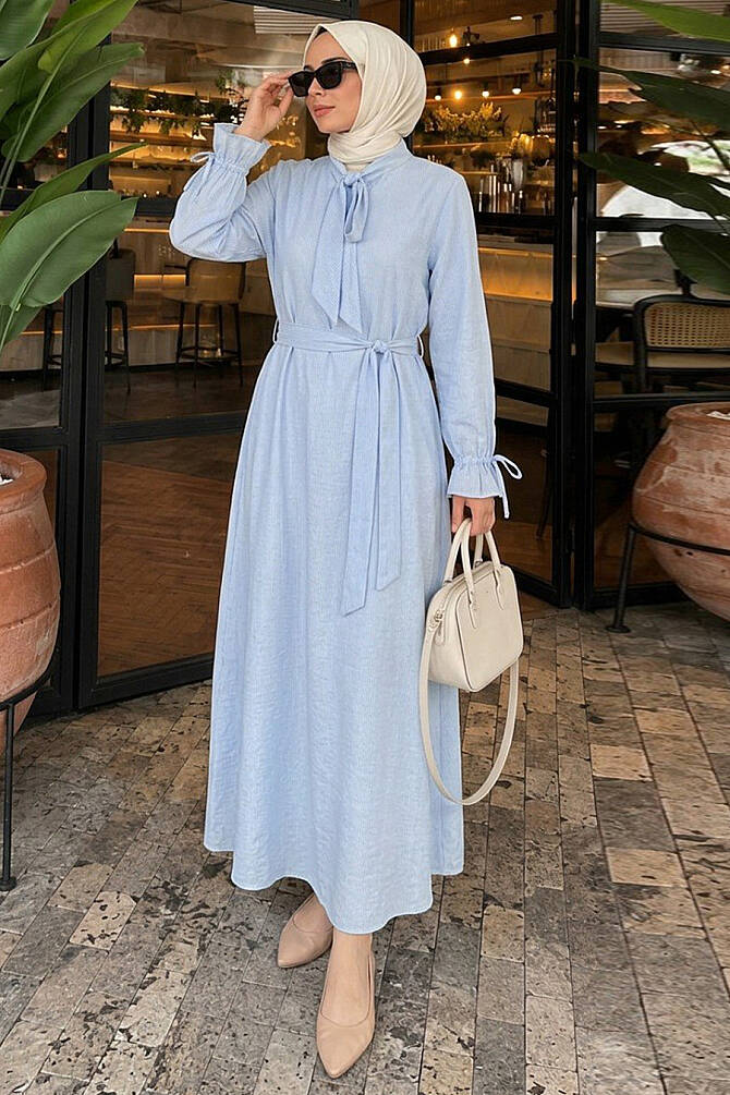 Stone-Detail Scarf Collared Blue Modest Dress 5335M - 1