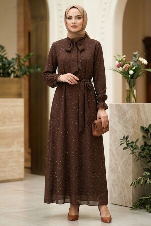 Stone-Detail Scarf Collared Brown Modest Dress 5335KH 