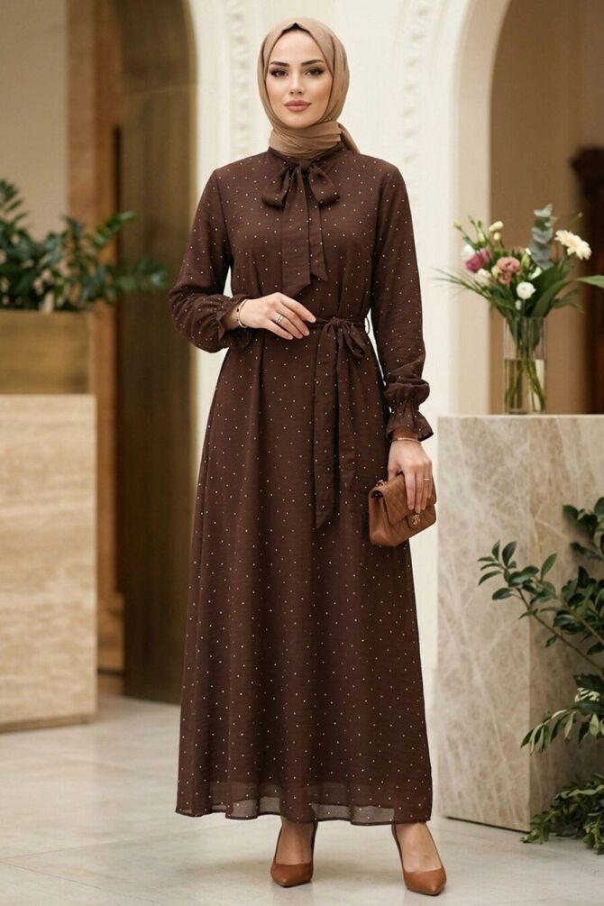 Stone-Detail Scarf Collared Brown Modest Dress 5335KH - 1