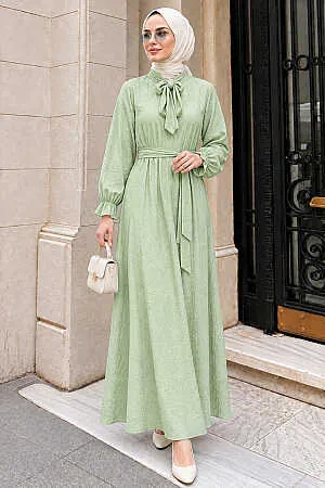 Stone-Detail Scarf Collared Mint Modest Dress 5335MINT - 1