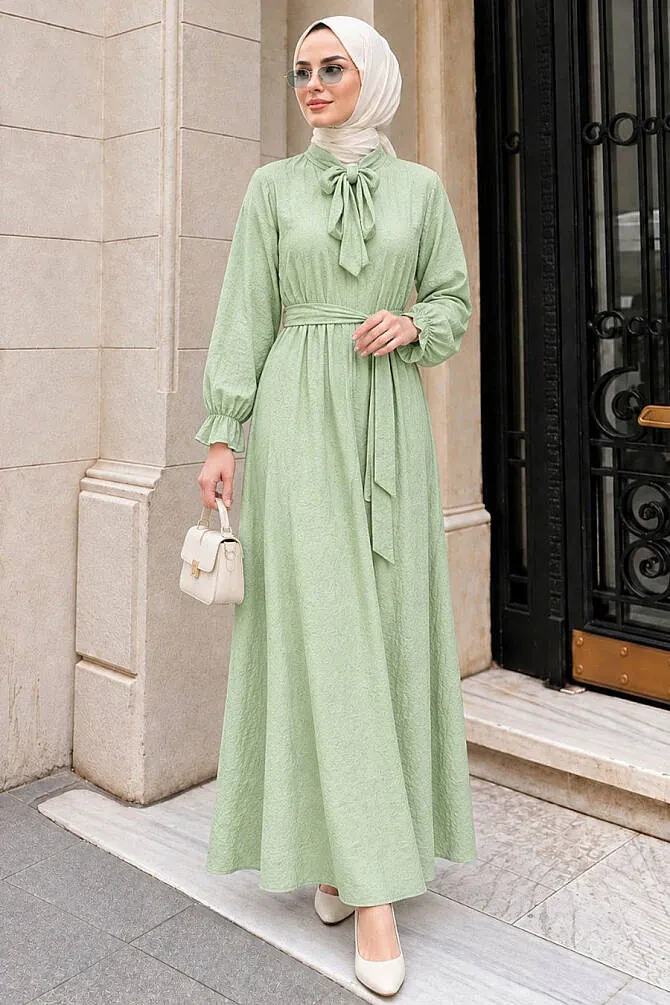 Stone-Detail Scarf Collared Mint Modest Dress 5335MINT - 1