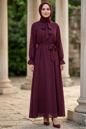 Stone-Detail Scarf Collared Plum Modest Dress 5335MU 