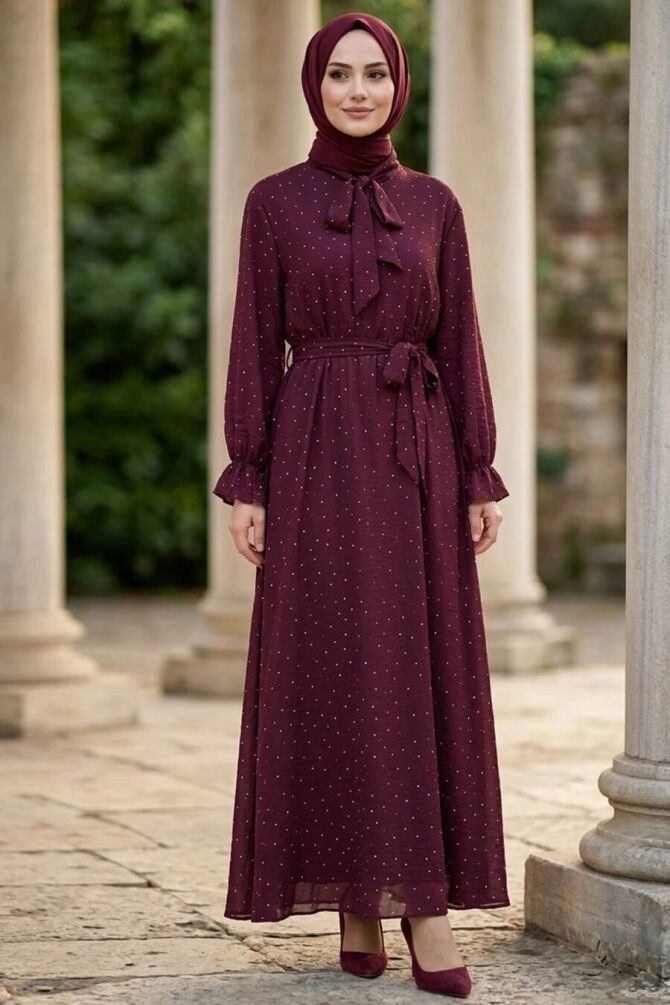 Stone-Detail Scarf Collared Plum Modest Dress 5335MU - 1