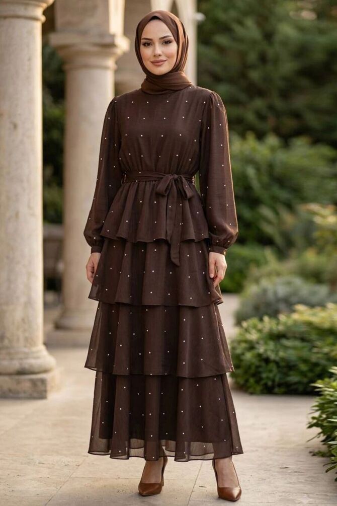 Stone-Detail Tiered Ruffled Brown Modest Dress 5336KH - 1