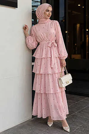 Stone-Detail Tiered Ruffled Pink Modest Dress 5336P 