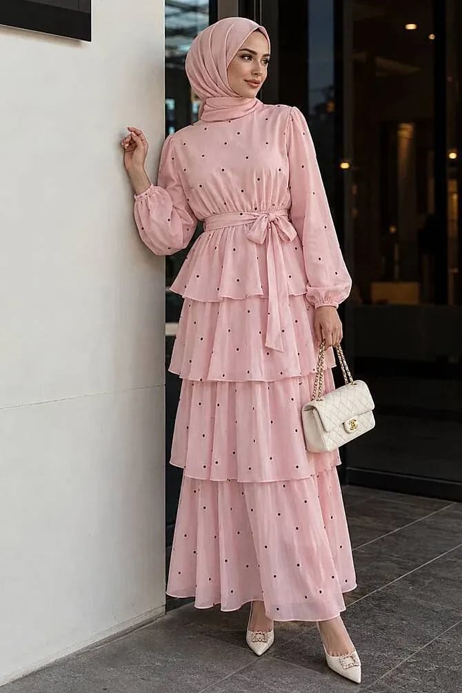 Stone-Detail Tiered Ruffled Pink Modest Dress 5336P - 1