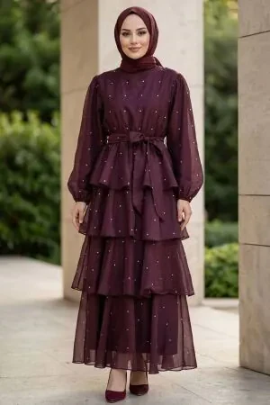 Stone-Detail Tiered Ruffled Plum Modest Dress 5336MU 