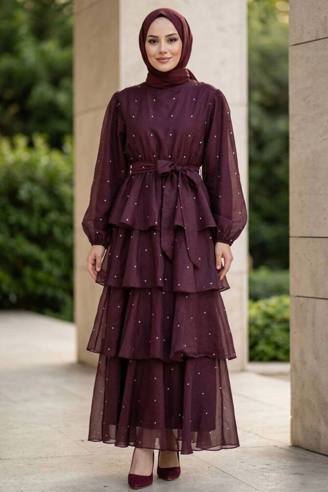Stone-Detail Tiered Ruffled Plum Modest Dress 5336MU - 1