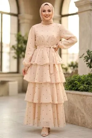 Stone-Detail Tiered Ruffled Stone Modest Dress 5336TAS 