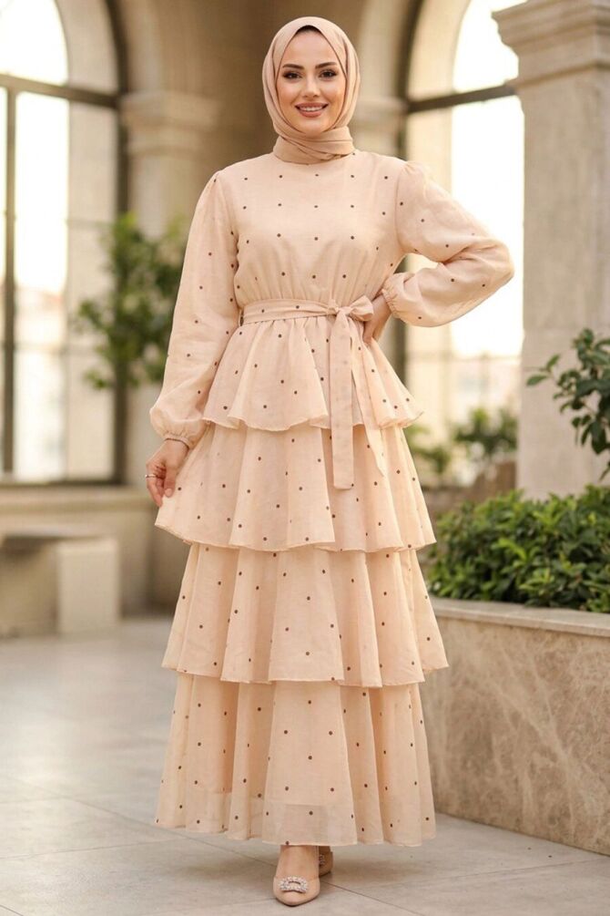 Stone-Detail Tiered Ruffled Stone Modest Dress 5336TAS - 1