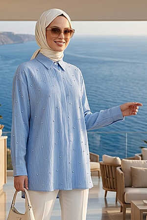 Stone Detailed Blue Cilek Fabric Modest Shirt 10861M 