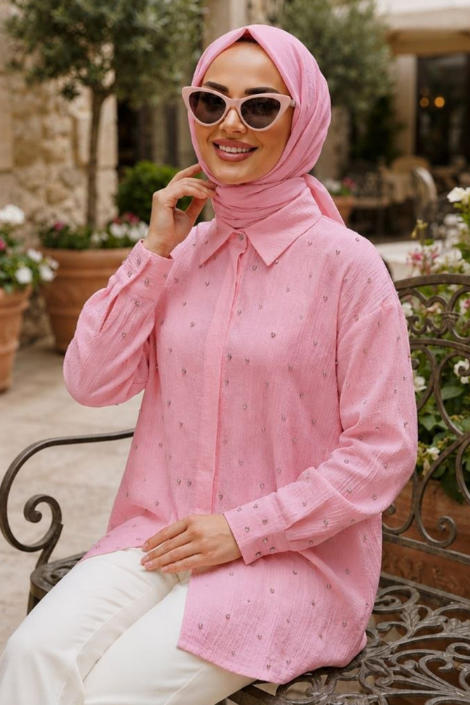 Stone Detailed Pink Cilek Fabric Modest Shirt 10861P - 1