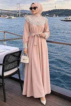 stone-embellished Belted Tanya Beige Modest Evening Dress 15649BEJ - 1