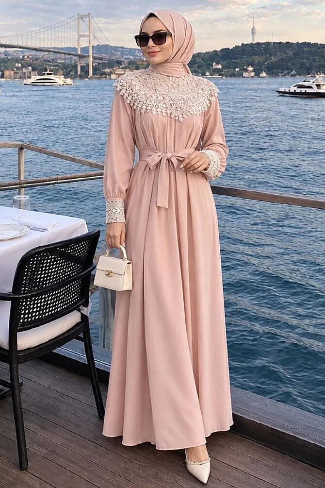 stone-embellished Belted Tanya Beige Modest Evening Dress 15649BEJ - 1