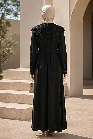 stone-embellished Belted Tanya Black Modest Evening Dress 15649S - 2