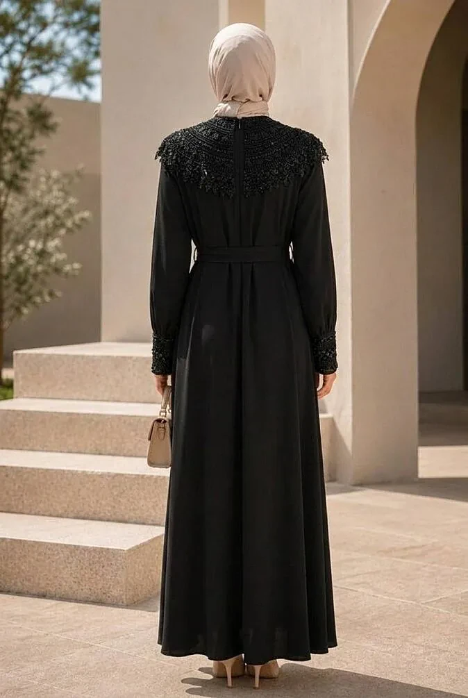stone-embellished Belted Tanya Black Modest Evening Dress 15649S - 2