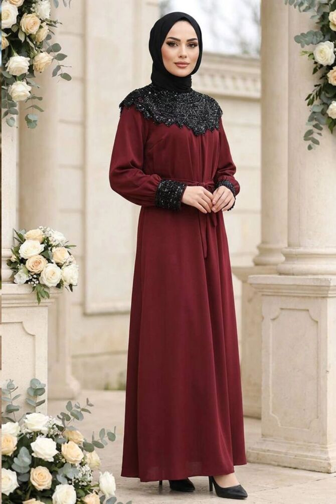 stone-embellished Belted Tanya Burgundy Modest Evening Dress 15649BR - 1