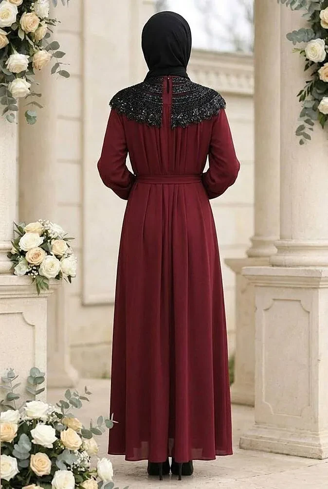 stone-embellished Belted Tanya Burgundy Modest Evening Dress 15649BR - 2