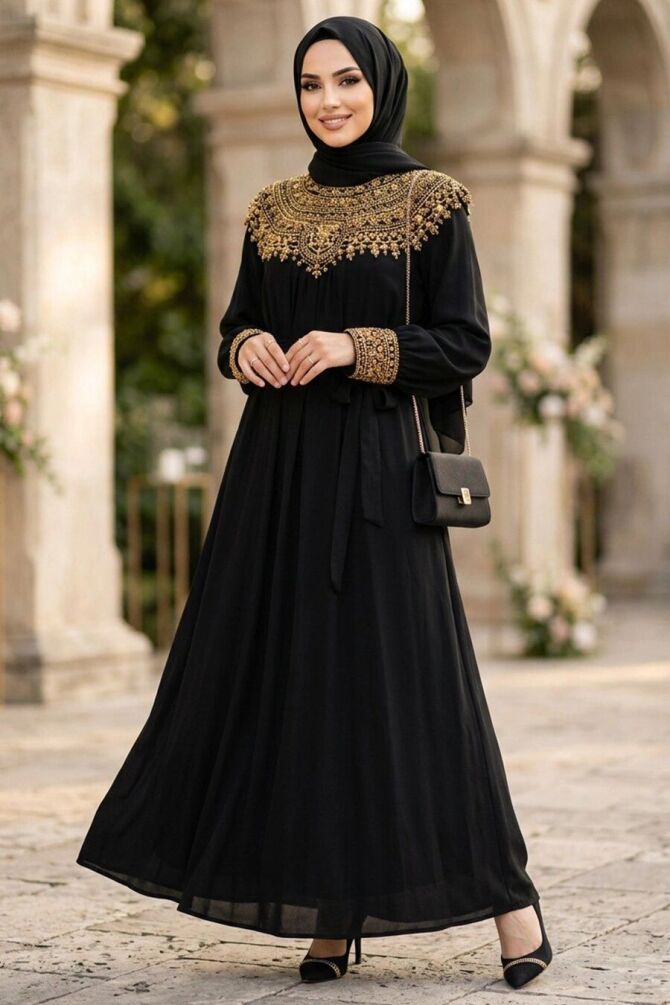 stone-embellished Belted Tanya Gold Modest Evening Dress 15649GOLD - 1