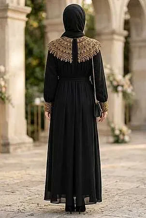 stone-embellished Belted Tanya Gold Modest Evening Dress 15649GOLD - 2