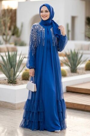 stone-embellished Dark Indigo Blue Tulle Ruffled Modest Abaya 60882KIM 