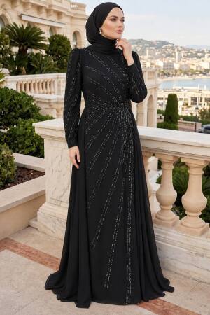 stone-embellished Draped Black Modest Evening Dress 55131S 