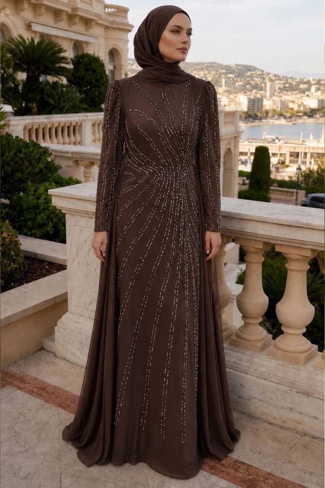 stone-embellished Draped Dark Brown Modest Evening Dress 56062KKH - 1