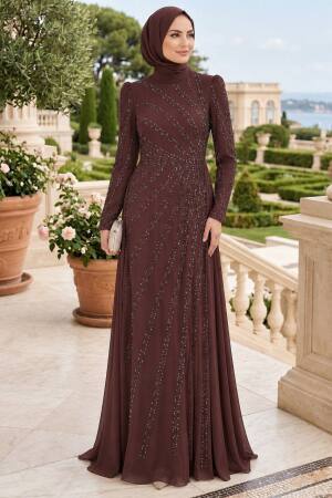 stone-embellished Draped Dark Brown Modest Evening Dress 55131KKH 
