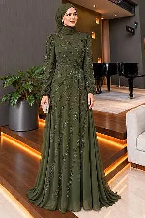stone-embellished Draped Dark Khaki Modest Evening Dress 55131KHK - 1