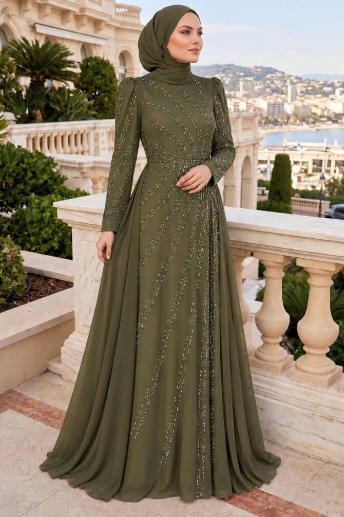 stone-embellished Draped Khaki Modest Evening Dress 55131HK - 1