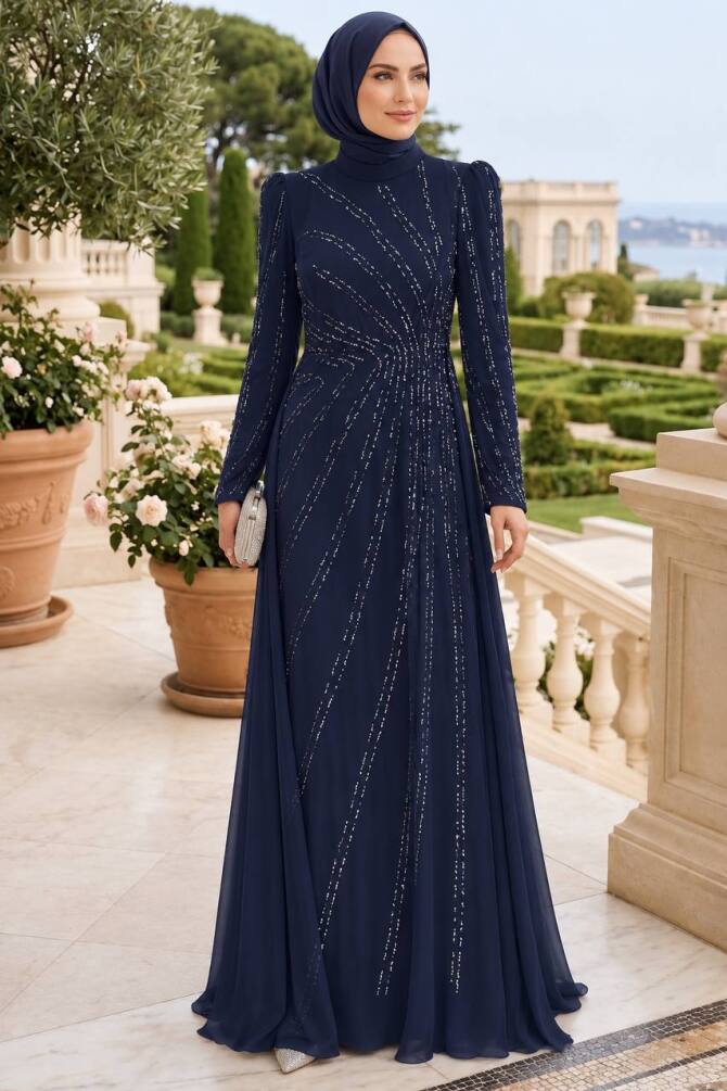 stone-embellished Draped Navy Blue Modest Evening Dress 55131L - 1