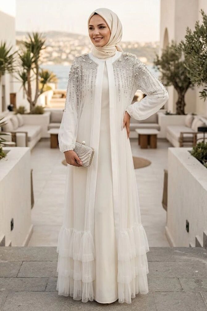 stone-embellished Ecru Tulle Ruffled Modest Abaya 60882E - 1