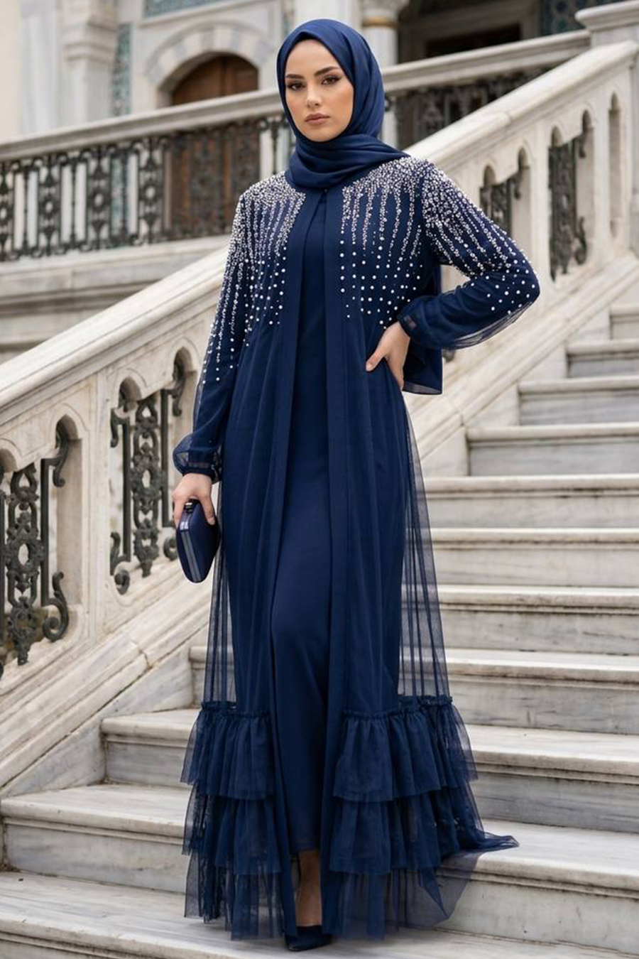 stone-embellished Navy Blue Tulle Ruffled Modest Abaya 60882L