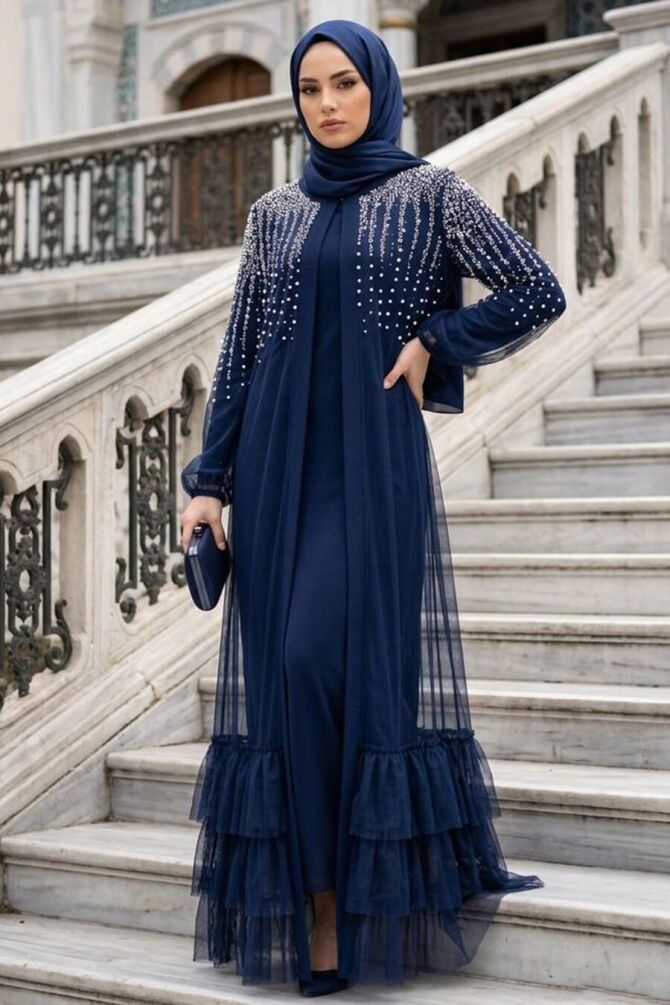 stone-embellished Navy Blue Tulle Ruffled Modest Abaya 60882L - 1
