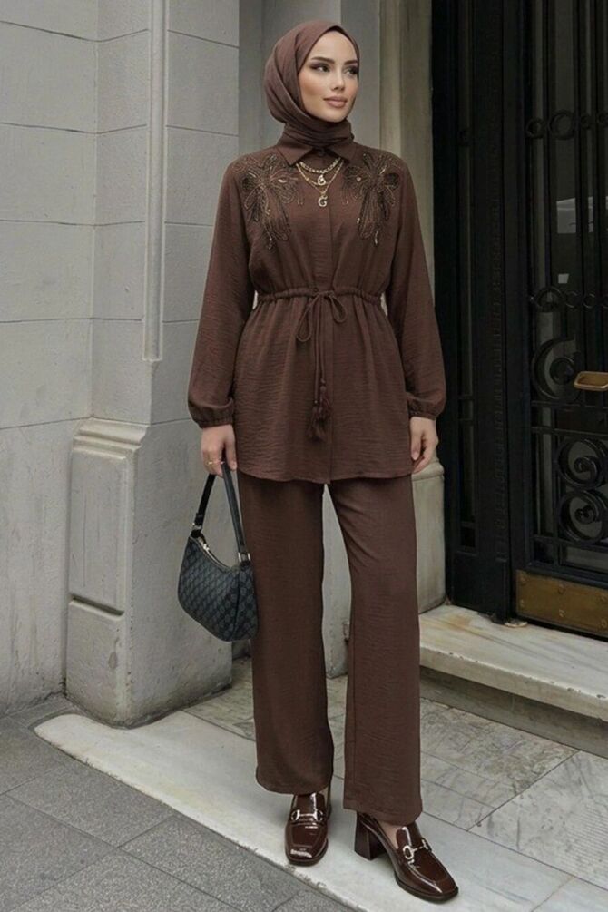 stone-embellished Shirt Collar Brown Modest Set 26189KH - 1
