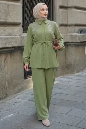 stone-embellished Shirt Collar Light Khaki Modest Set 26189AHK - 1