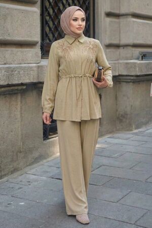 stone-embellished Shirt Collar Mink Modest Set 26189V 