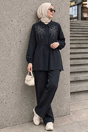 stone-embellished Shirt Collar Navy Blue Modest Set 26189L 