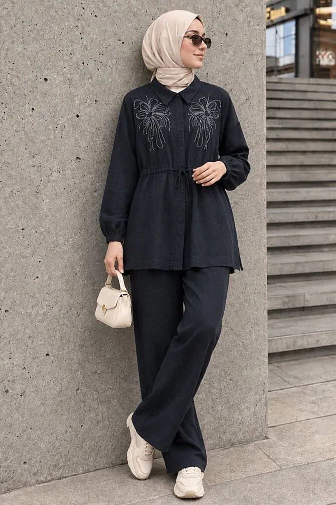 stone-embellished Shirt Collar Navy Blue Modest Set 26189L - 1