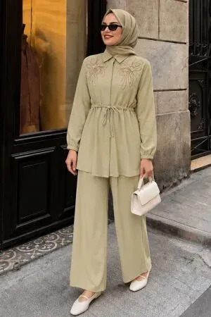 stone-embellished Shirt Collar Yellow Modest Set 26189SR 
