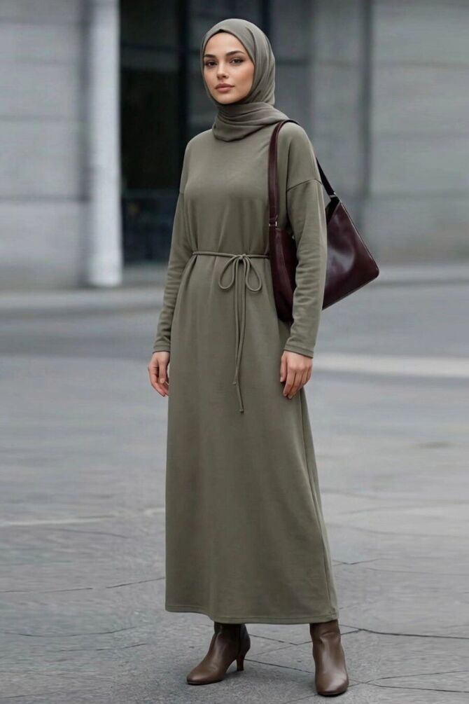 Straight-Cut Oysho Light Khaki Modest Dress 3138AHK - 1
