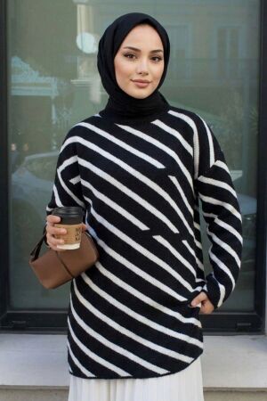 Stripe Patterned Black Modest Knit Tunic 80021S - 1