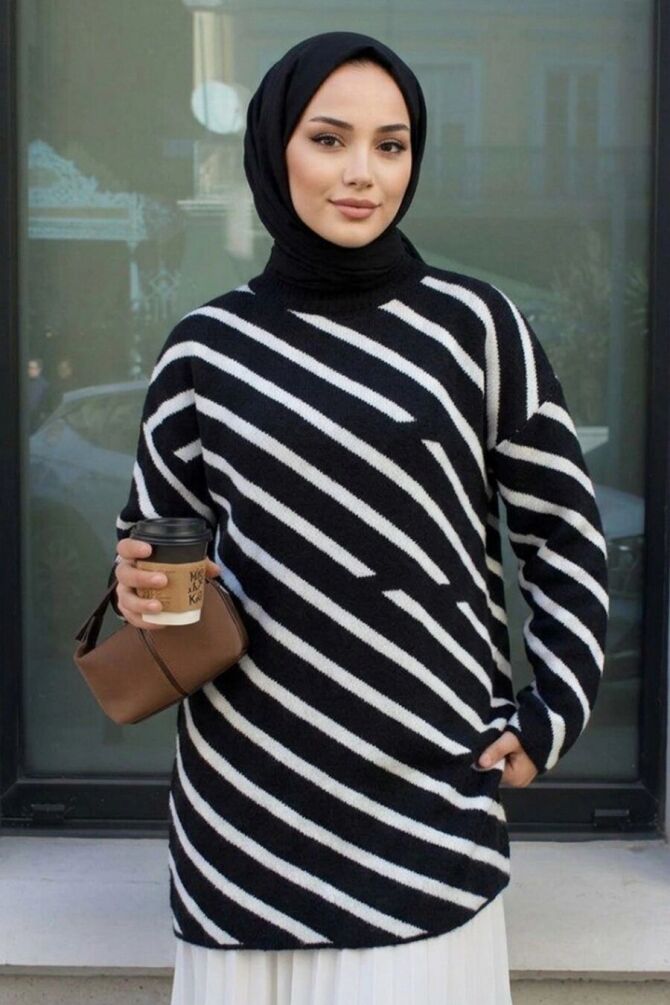 Stripe Patterned Black Modest Knit Tunic 80021S - 1