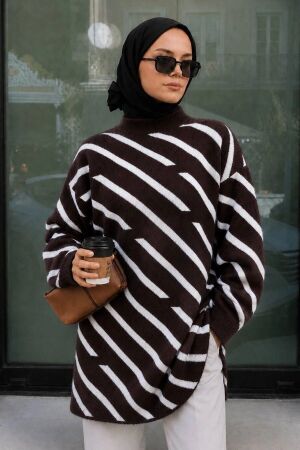 Stripe Patterned Brown Modest Knit Tunic 80021KH - 1