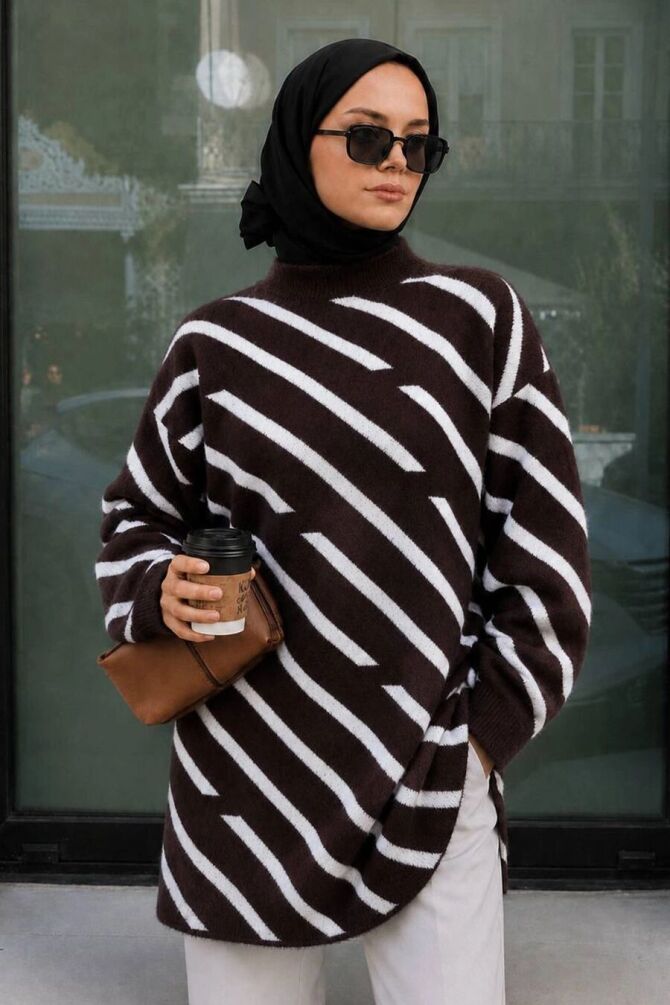 Stripe Patterned Brown Modest Knit Tunic 80021KH - 1