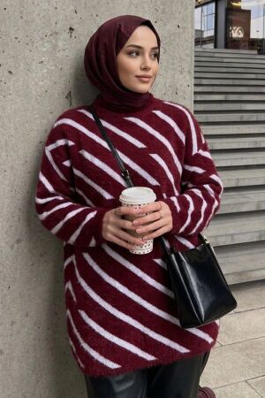 Stripe Patterned Burgundy Modest Knit Tunic 80021BR 