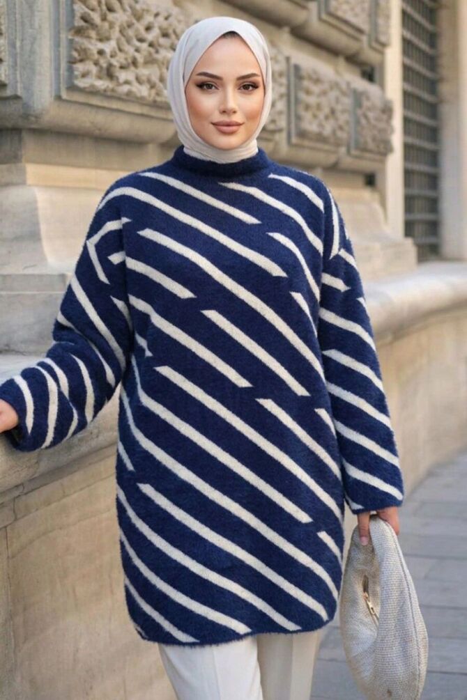 Stripe Patterned Navy Blue Modest Knit Tunic 80021L - 1